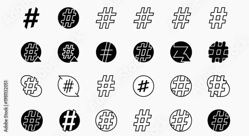 Collection of diverse hashtag icons and symbols, representing social media and online communication concepts, flat design