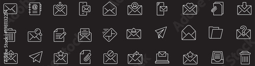 Email icon set. Minimal vector line icons pack. Incldes symbols for reply, inbx, send mail, attachment, pam, draft, contact, encrytion and more. Editable stoke.