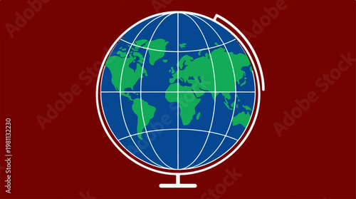 Globe illustration on a red background representing the world.