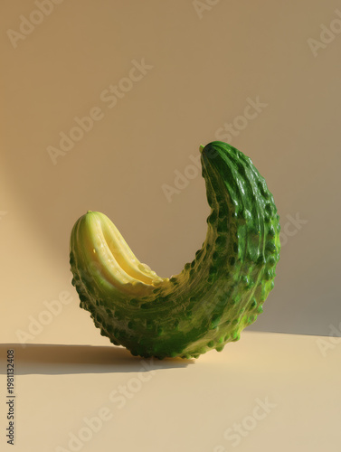 3D illustration of a uniquely curved Japanese cucumber shaped like a hook on a seamless light cream pastel background. The deep green vegetable is covered in morning dew and features a rugged 