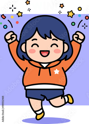 Happy child jumping with joy and celebrating success.