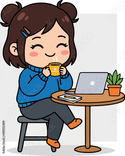 Happy girl enjoying coffee while working on laptop at table.