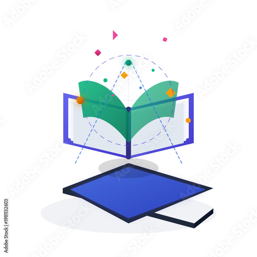 Modern Isometric Vector Illustration of a Glowing Open Book Representing Digital Education and Online Learning Concepts