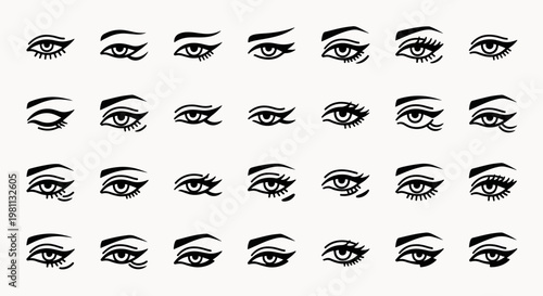Collection of Black and White Eyeliner Styles and Eye Makeup Illustrations Isolated on White Background