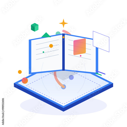Abstract Isometric Illustration of an Open Book Representing Digital Learning Knowledge and Creative Storytelling Concepts