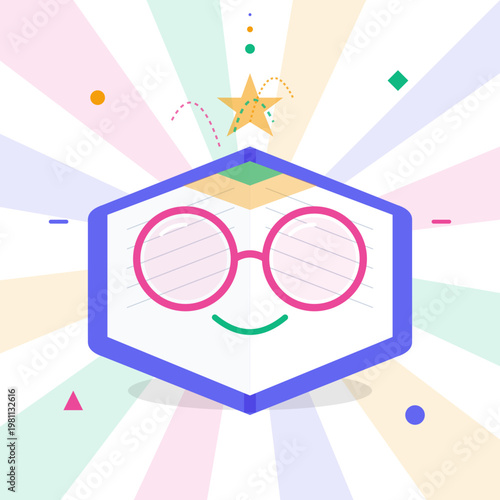 Friendly hexagonal mascot character wearing pink glasses celebrating with confetti on a vibrant sunburst background