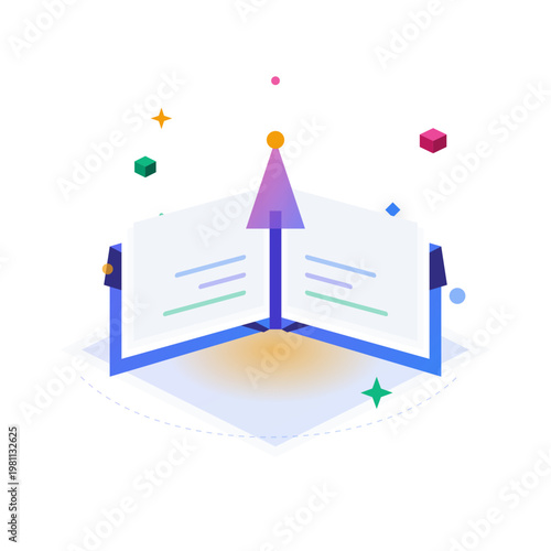 Minimalist isometric illustration of an open digital book representing knowledge education and modern data documentation