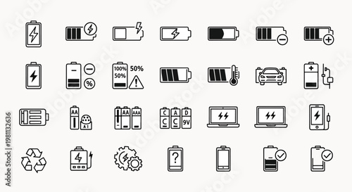 Collection of battery icons depicting charge levels, types, and related concepts like recycling and car batteries
