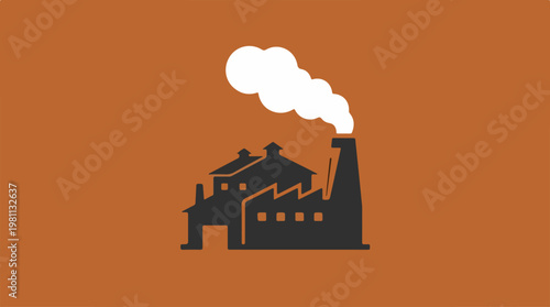 Industrial factory silhouette with smoke billowing from the chimney against orange background.