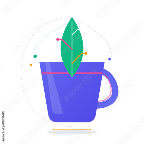 Flat design vector illustration of a green leaf in a purple cup symbolizing sustainable innovation