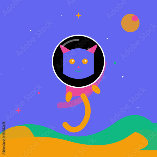 Whimsical Flat Vector Illustration of a Cute Kitty Astronaut Exploring a Vibrant Cosmic Galaxy