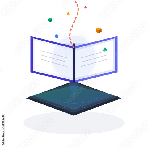Conceptual Isometric Illustration of an Open Book with Floating Shapes Representing Modern Digital Learning