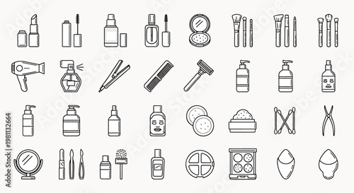 Collection of beauty and personal care icons for makeup, skincare, and grooming, line art vector set