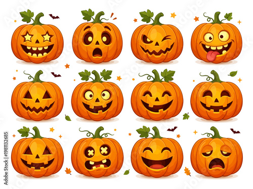 Collection of 12 cartoon pumpkins with various funny faces and expressions for Halloween, in a colorful, playful, and vibrant digital art style, with autumn leaves and confetti on a white ba