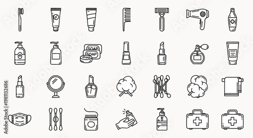 Collection of Bathroom and Personal Hygiene Icons Featuring Toothbrush Soap Razor Hair Dryer Lotion and Makeup