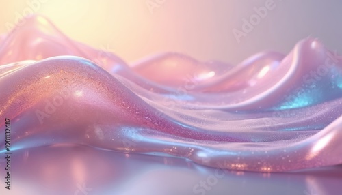 Wavy pastel fluid surface with glitter particles. Soft light illuminates pink and blue iridescent abstract background. Smooth liquid waves with bokeh effect for beauty or tech themes.