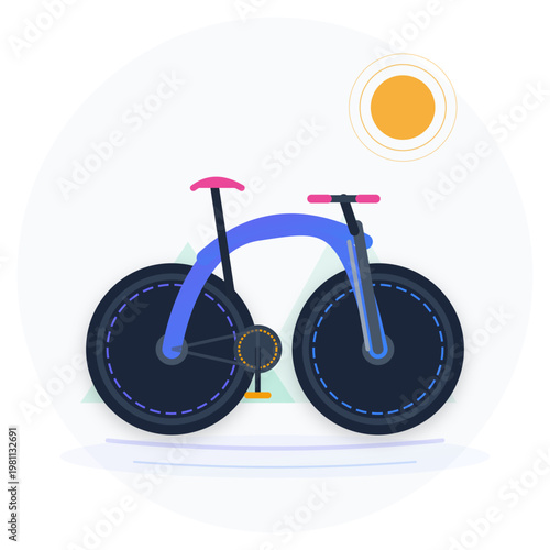 Modern Blue Bicycle Illustration with Pink Accents and Sun for Eco Friendly Travel Concepts