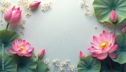 Pink lotus flowers and green leaves arranged around a soft grey background. Delicate white blossoms add subtle detail to this botanical art, perfect for design templates.