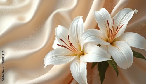 Delicate white lilies rest on flowing beige silk fabric. Close-up view reveals soft petal texture and anthers. Gentle floral arrangement offers elegance and a touch of luxury.