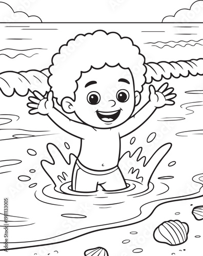 A cheerful young boy with curly hair joyfully splashes in the ocean waves at the beach arms outstretched high quality professional detailed