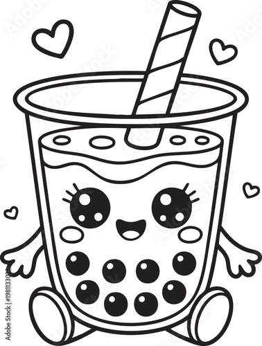 A delightful black and white illustration depicts a cute bubble tea with a smiling face hearts and a striped straw high quality