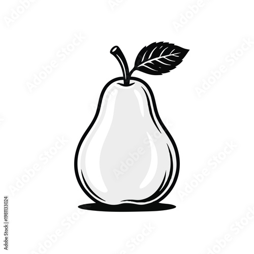Simple black and white pear illustration with leaf