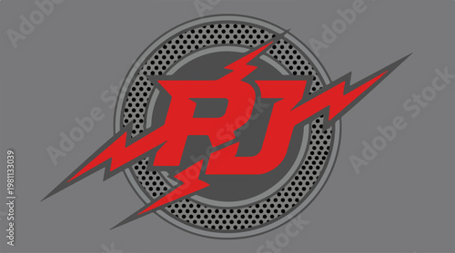 Red RJ Logo with Lightning Bolt on Gray Background.