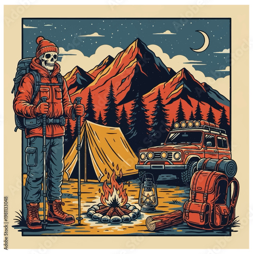 Skeleton skull hiker enjoying a campfire with a tent and 4x4 vehicle in a mountain landscape at night vector design