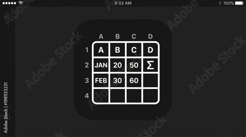 Spreadsheet application interface showing data and calculations on a black background.