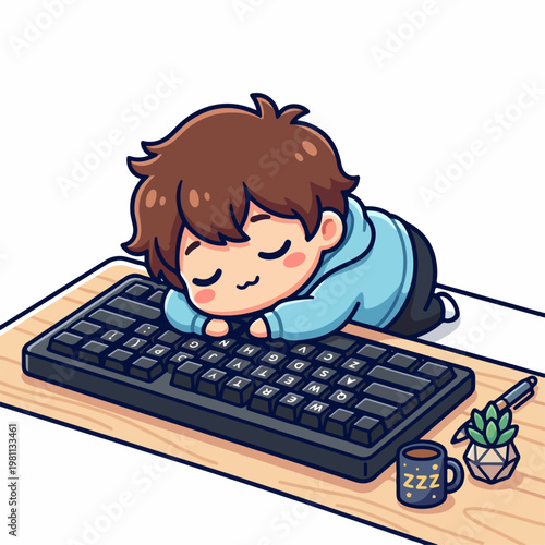 Tired programmer sleeping on keyboard, taking a nap during work hours.