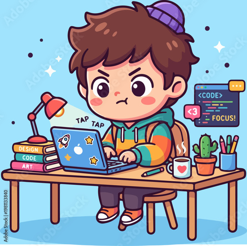 Young coder focused on his laptop, working on a project with determination.