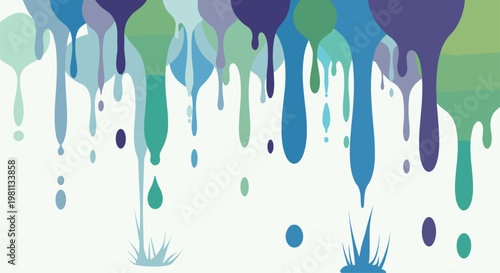 Playful abstract background featuring vibrant paint drips and organic splashes in a refreshing palette of various blues and greens, creating a dynamic and artistic liquid effect.