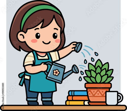 Young girl carefully watering a potted succulent plant with a watering can.