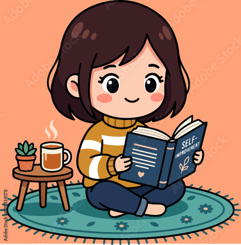 Young woman reading a book while enjoying a cup of tea.