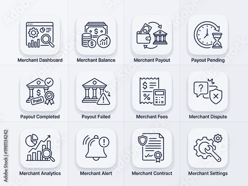 Collection of 12 blue line icons for merchant services including dashboard, balance, payout, pending, completed, failed, fees, dispute, analytics, alert, contract, settings on a light gray b