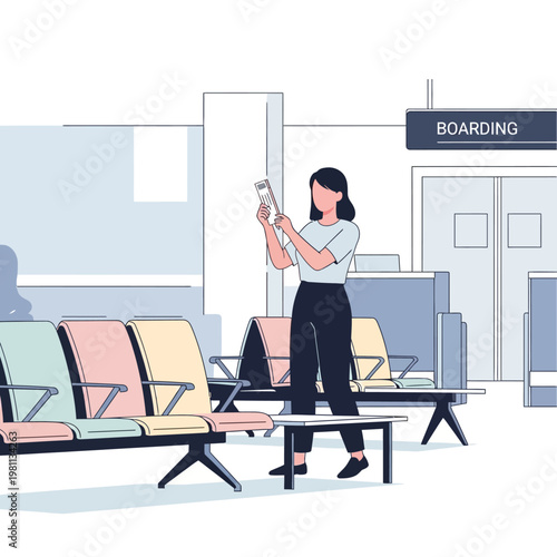 Woman checking boarding pass at airport gate.