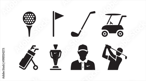 Black silhouette golf collection featuring ball club cart and trophy elements