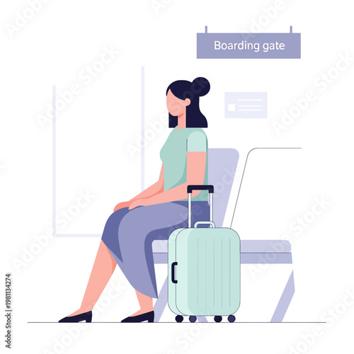 Woman waiting at boarding gate with luggage.