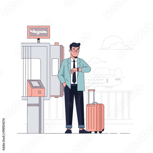 Man checking watch at airport with luggage.