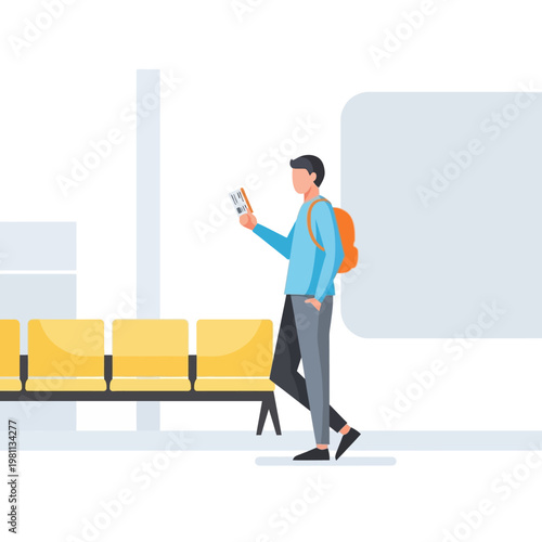 Man with Backpack and Phone in Waiting Area.