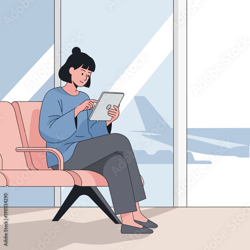 Woman sitting in airport lounge using tablet.