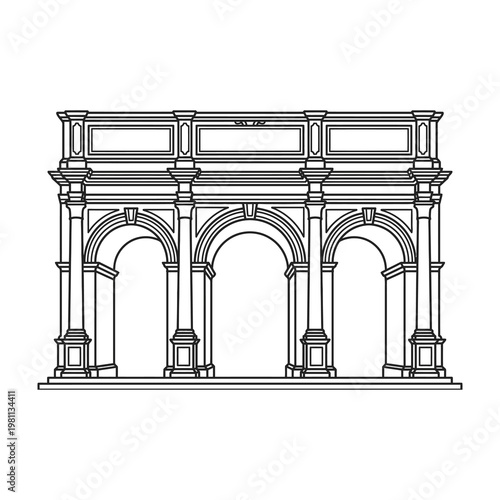 Triumphal Arch Architectural Blueprint Sketch Featuring A Classic Roman Style Triple Gateway Design