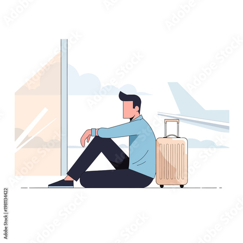 Man Sitting at Airport Waiting for Flight.