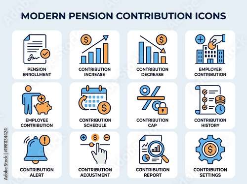 A set of modern flat icons depicting various concepts related to pension contributions, including enrollment, schedule, adjustment, report, and settings in a minimalist, line-style artistic 