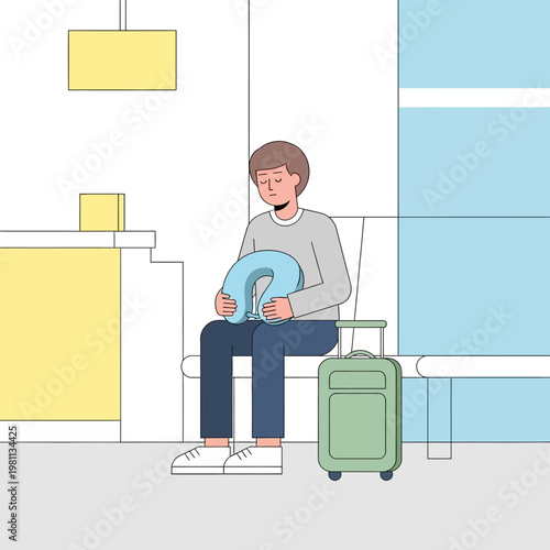 Man Sitting in Airport Waiting Area with Neck Pillow and Luggage.