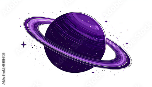A stylized illustration depicts a vibrant purple planet encircled by multiple rings, set against a stark white background with scattered stars.