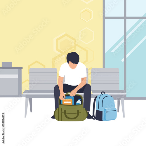 Man Packing Bag at Airport Waiting Area.