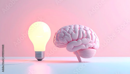 A vibrant pink brain sits beside a glowing lightbulb, symbolizing innovation, intelligence, and the spark of new ideas against a soft, gradient background.
