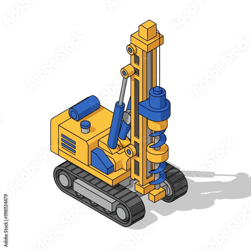 Yellow drilling machine with tracks and auger drill bit.