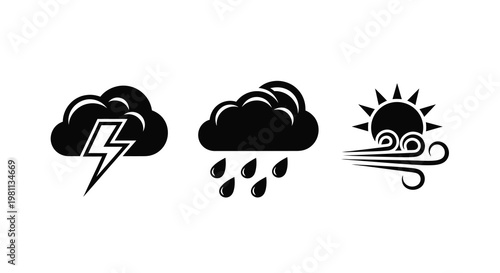 Weather icons depicting storm rain and wind in black silhouette